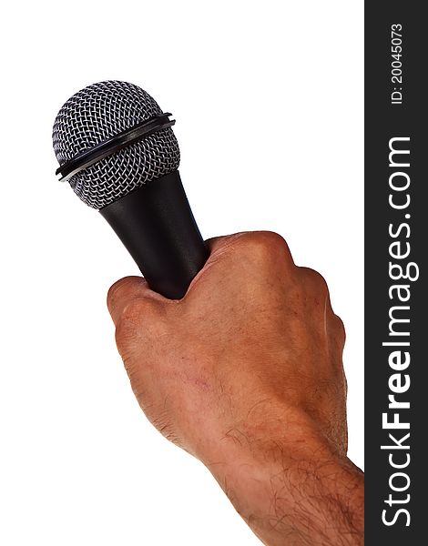 Microphone hold in male caucasian hand isolated over white background. Microphone hold in male caucasian hand isolated over white background.