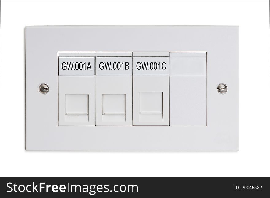 Wall socket for ethernet connections isolated against a white background. Wall socket for ethernet connections isolated against a white background