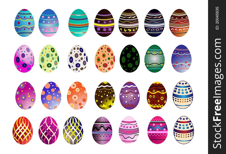 A set of colored Easter eggs isolated on white