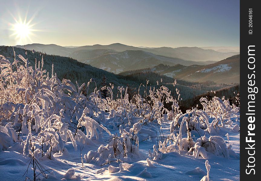 Sunrise over the winter mountains. Sunrise over the winter mountains