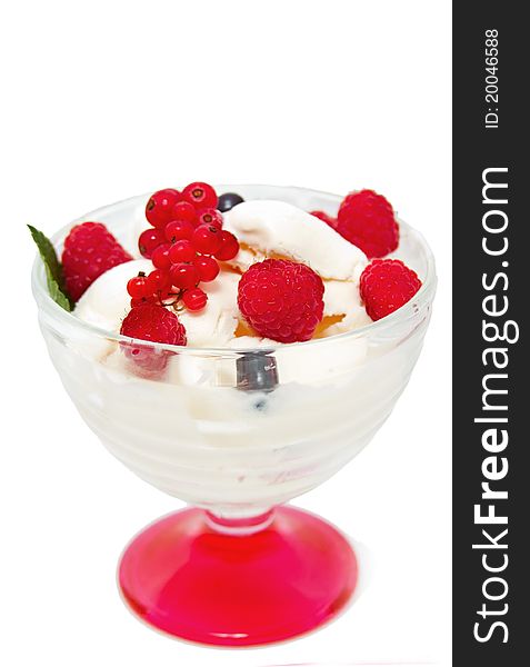 Ice cream with berries over white
