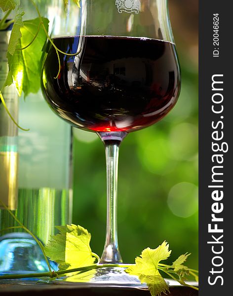 Bottle of red wine with glassand leaves. Bottle of red wine with glassand leaves.