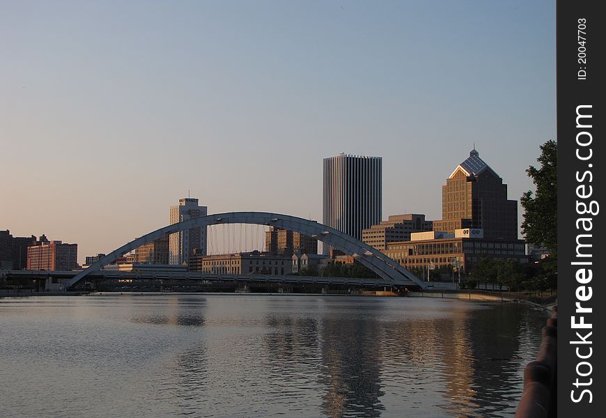 The Freddy sue Bridge with the Rochester skyline in the Background