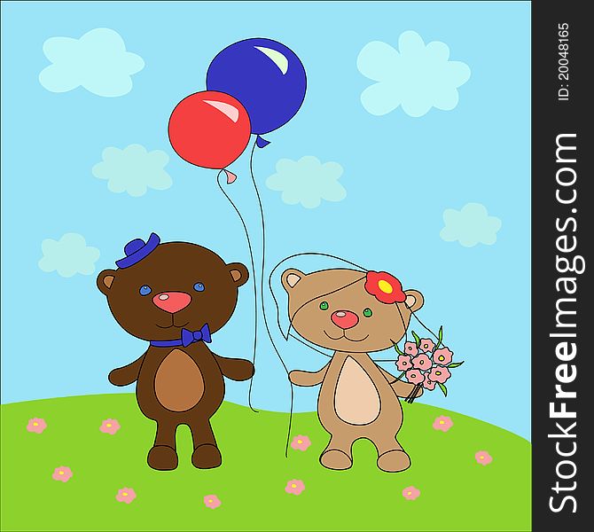 The color illustration with cartoon bears. The color illustration with cartoon bears