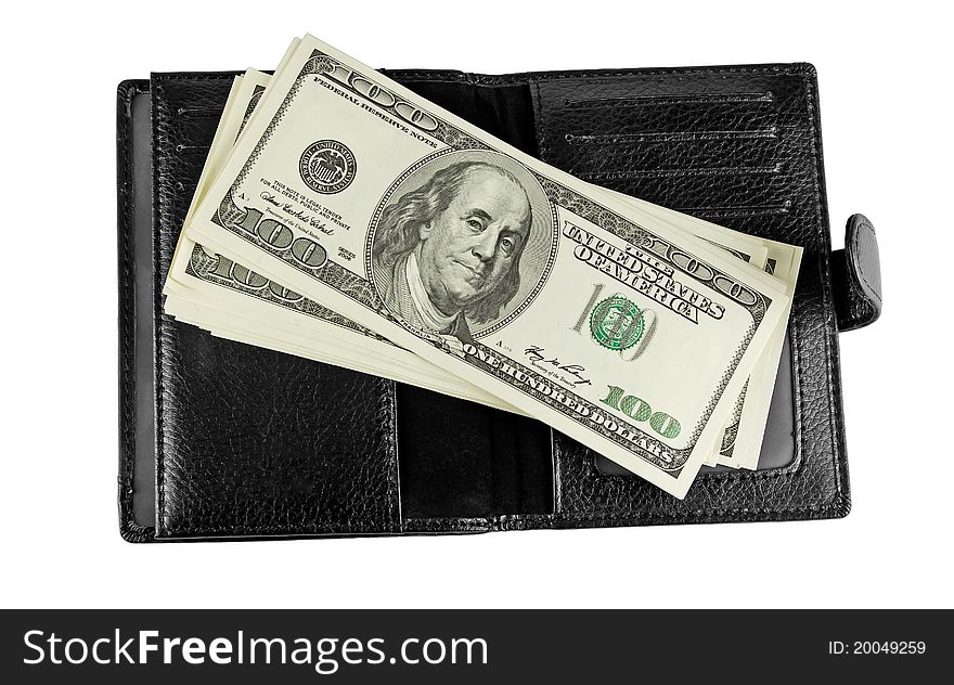 Black leather wallet with money