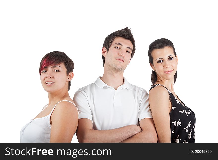 A proud man between two women white isolated background
