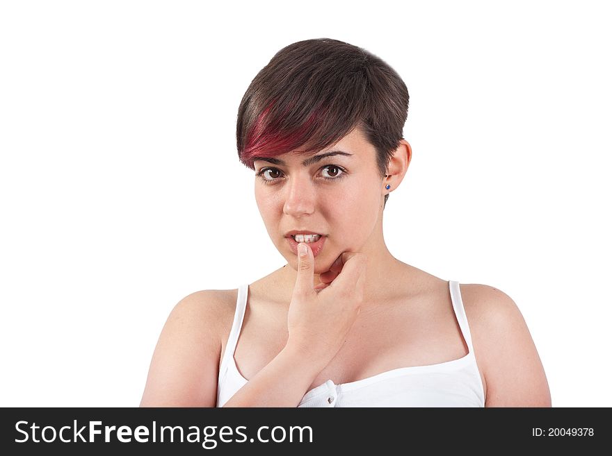 Woman redhead with finger in mouth. Woman redhead with finger in mouth