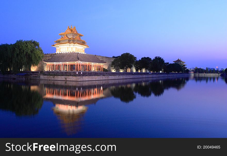 Night scene of Northeast corner of forbidden city,the reflection in the moat, Beijing China. Night scene of Northeast corner of forbidden city,the reflection in the moat, Beijing China.