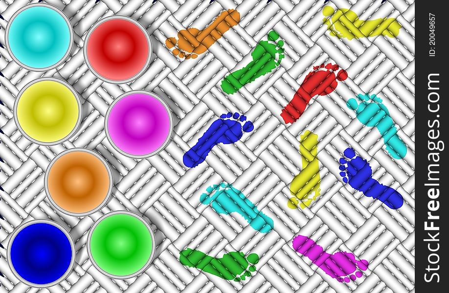 A group of open paint cans and footprints around them in rainbow colors