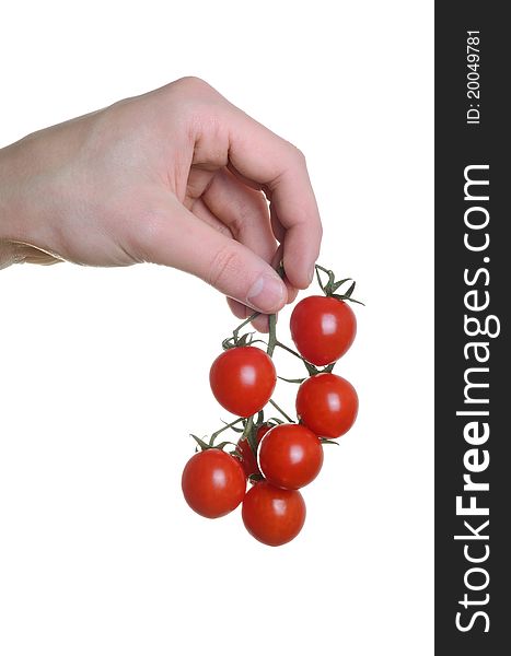 Hand and grape tomatoes Isolated on white background