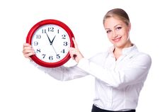 Happy Woman With Clock Royalty Free Stock Photos Happy Woman With Clock Royalty Free Stock Photos