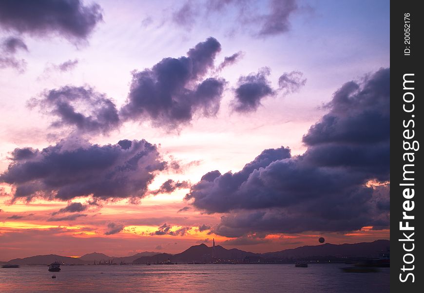 Beautiful sunset view which taken at hong kong victoria harbour