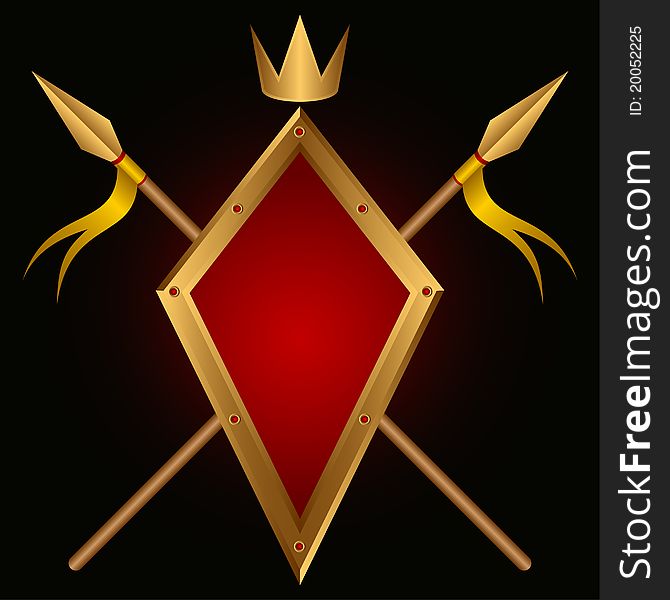 Board and spears on a black background. Above a crown. A heraldic composition.