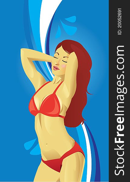 Woman in bathing suit on blue background