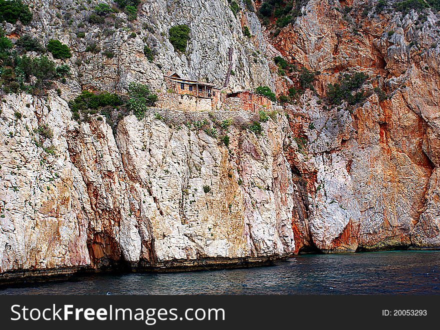 Traditional small houses on the rocks, Mount Athso, Greece