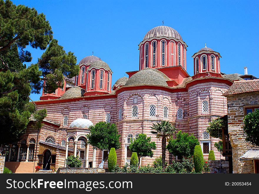 Panoramic view of historic church in monastery Xenofon on mount Athos, Greece