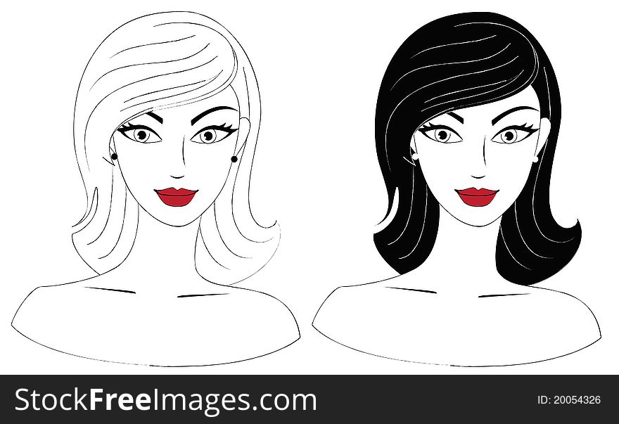 Set of two black and white female portraits. Set of two black and white female portraits