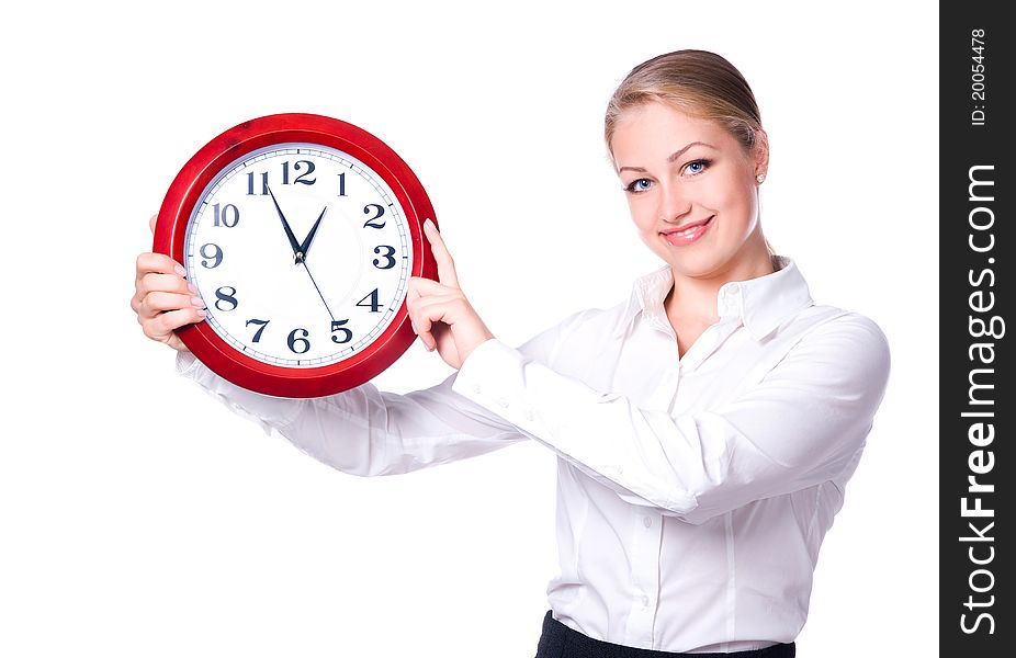 Happy woman with clock over white background