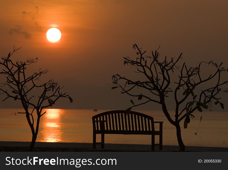 Silhouette of one chair and two trees at a beach at dawn. Silhouette of one chair and two trees at a beach at dawn