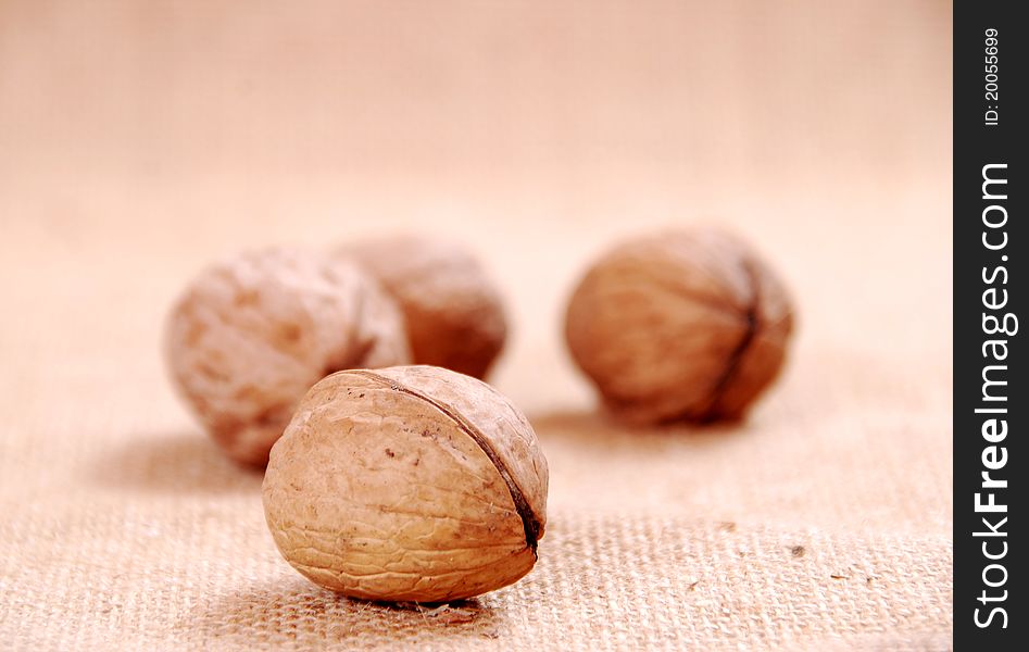 Walnuts in closeup on a tablemat