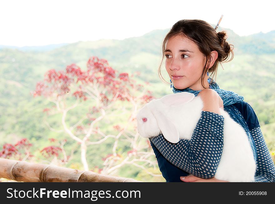 Beautiful woman and rabbit