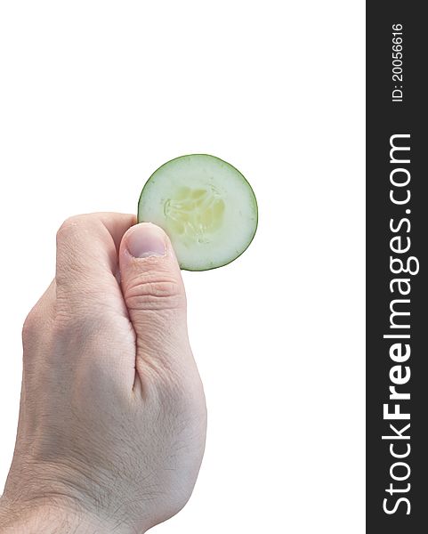 Sliced cucumber held by edge on white isoated background