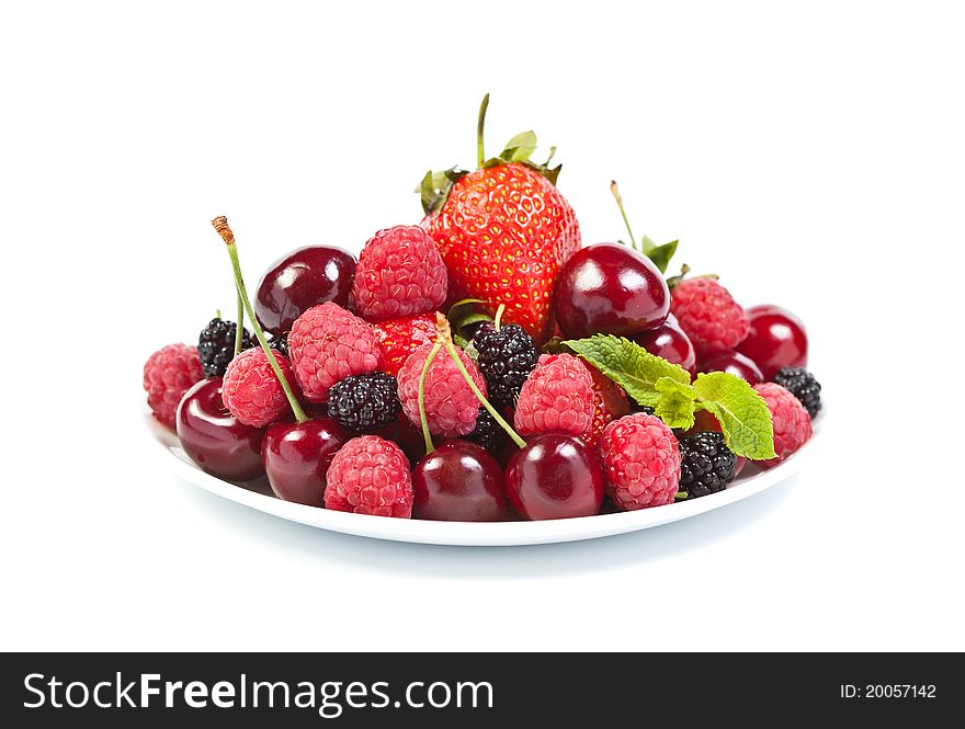 Mulberry, strawberry, raspberry and cherry on white background. Mulberry, strawberry, raspberry and cherry on white background