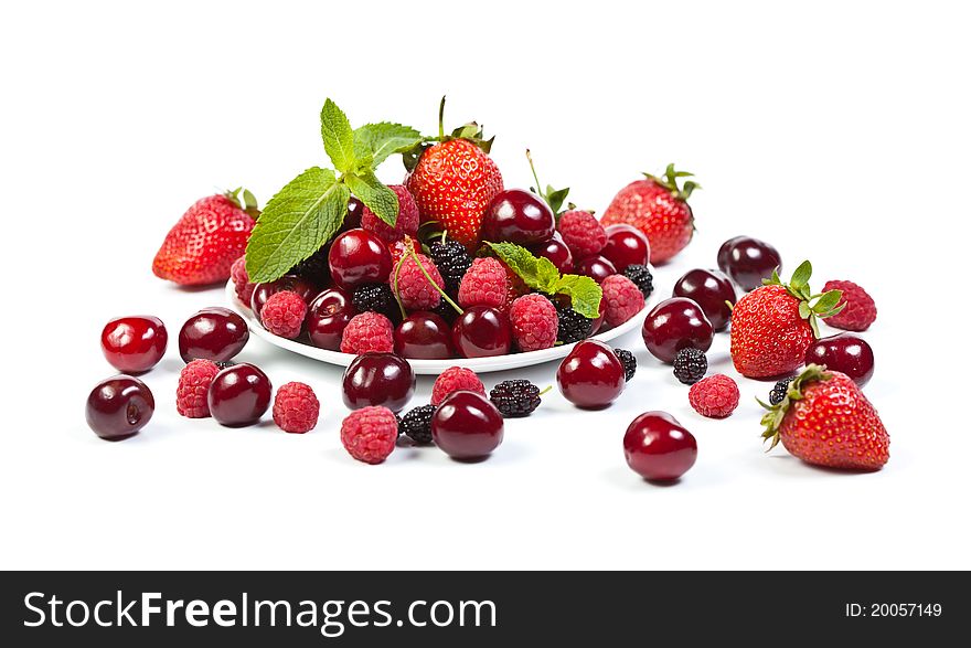 Mulberry, strawberry, raspberry and cherry on white background. Mulberry, strawberry, raspberry and cherry on white background