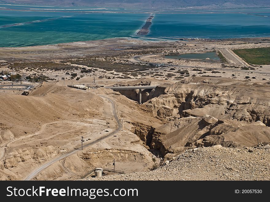 The shot was takenon sunny hot day from a pick of mountains surrounding the Dead Sea. The shot was takenon sunny hot day from a pick of mountains surrounding the Dead Sea