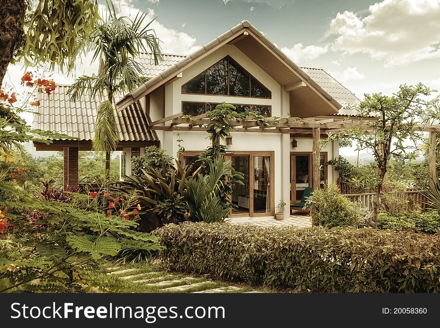 View of nice  stylish summer  villa in  tropic  environment