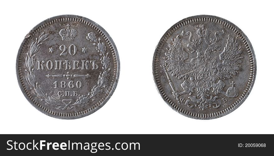 Old Russian coin, 1913, avers and revers, isolated. Old Russian coin, 1913, avers and revers, isolated