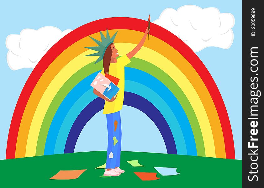 Young girl posing like the statue of liberty holding paintbrush instead of a torch and paintings instead of book, behind her is a big rainbow. Young girl posing like the statue of liberty holding paintbrush instead of a torch and paintings instead of book, behind her is a big rainbow