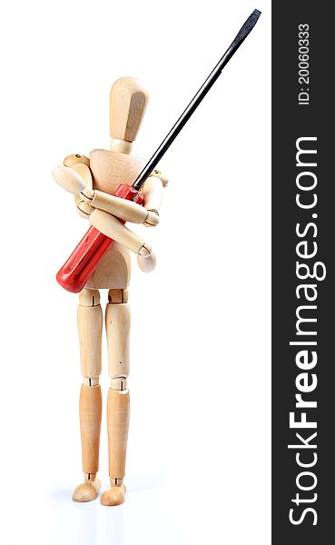 Wooden mannequin with driver over white background. Wooden mannequin with driver over white background.
