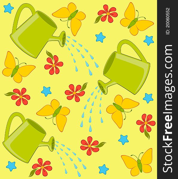 Happy background with watering-can, butterfly and flowers