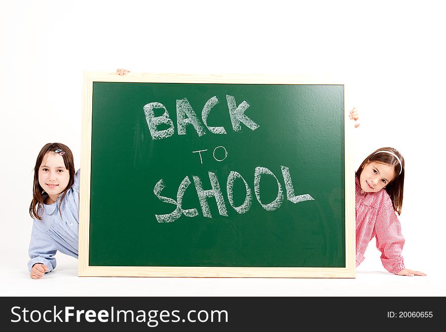 Two girls with blackboard
