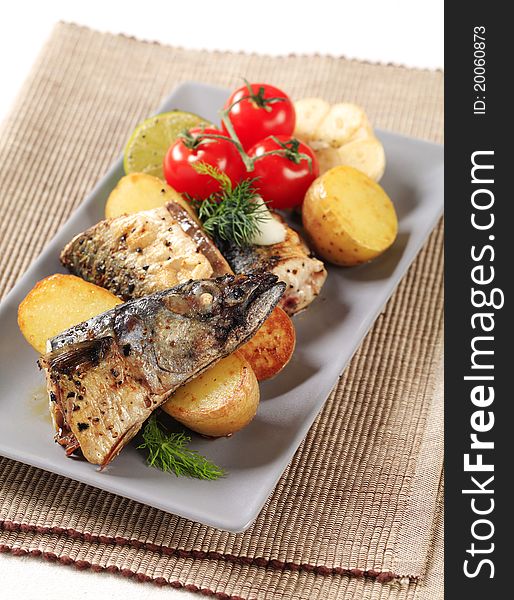 Pan fried mackerel served with roasted potatoes