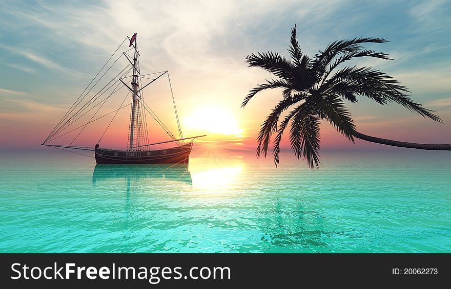 Sailing boat and palm tree