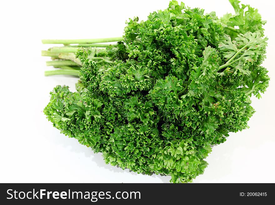 Bright green parsley on a white background.