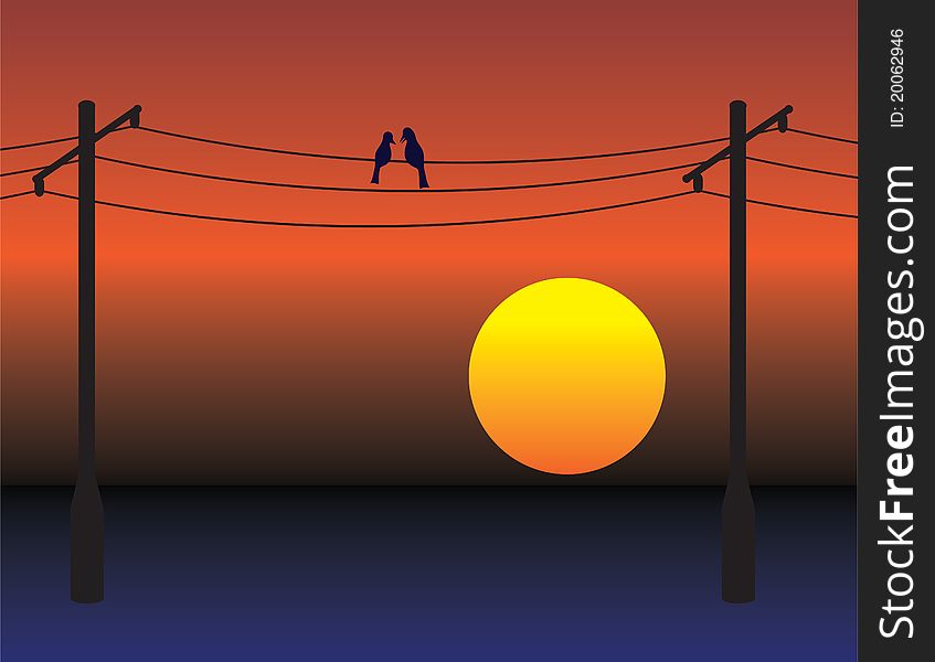 Birds date on electrical wires over red sunset sky. Love romance metaphor illustration. Birds date on electrical wires over red sunset sky. Love romance metaphor illustration.