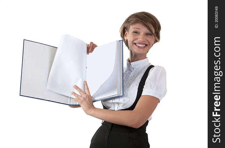 Portrait of the girl of the secretary with a folder for papers on a white background. Portrait of the girl of the secretary with a folder for papers on a white background