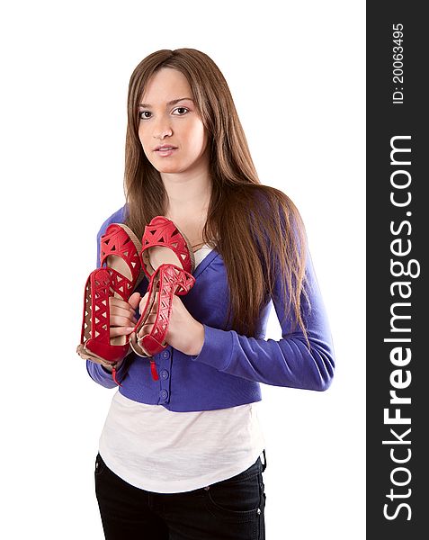 Portrait of the beautiful girl of the bought shoe. Portrait of the beautiful girl of the bought shoe