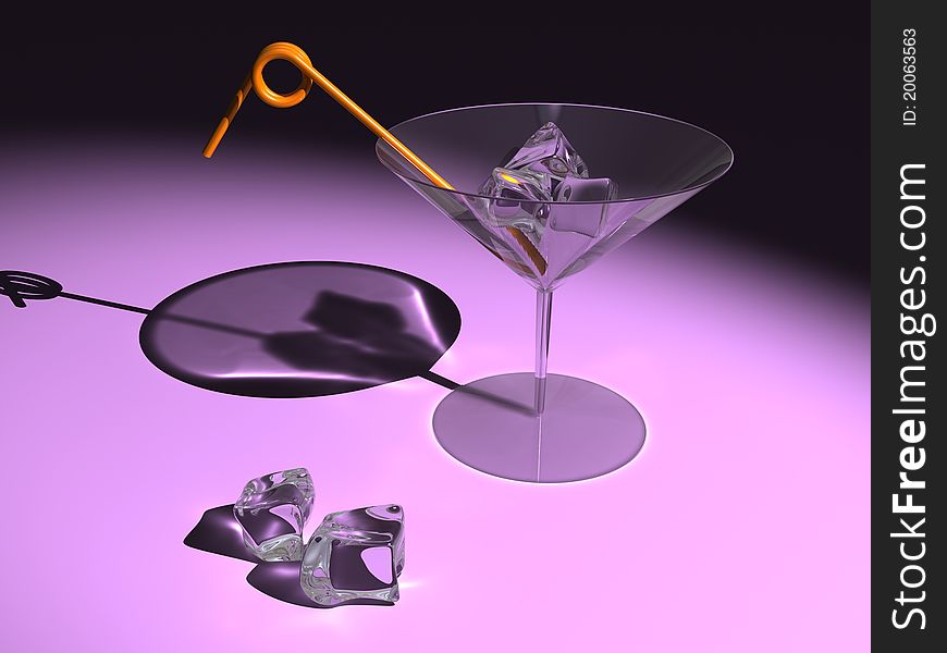Martini glass with ice cubes and straw