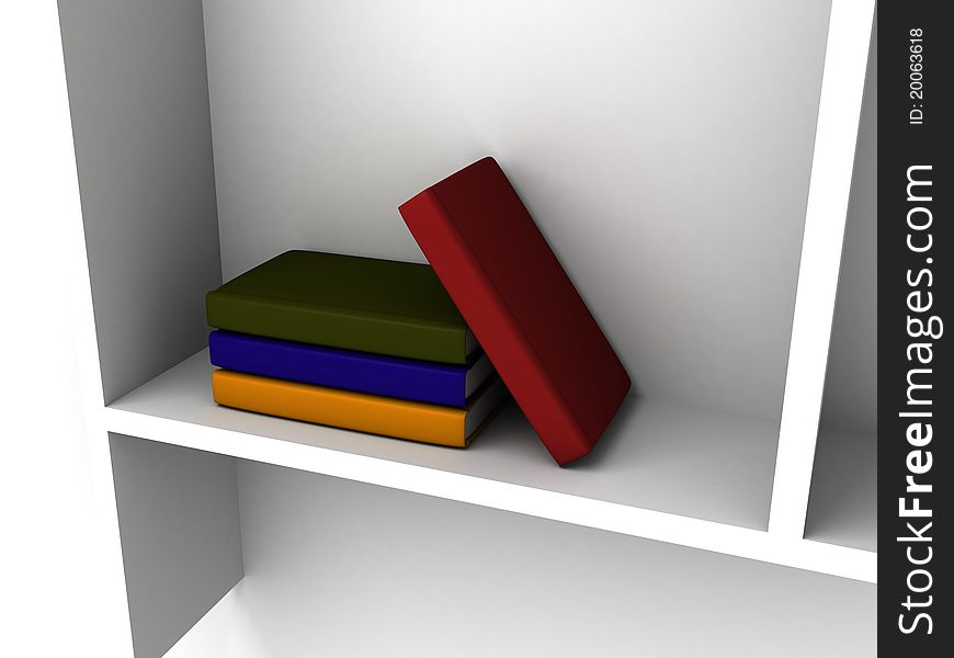 Colorful books on a white shelf 3d