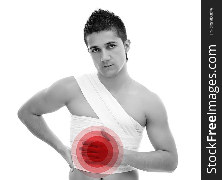 Young man with elastic bandage on his body, isolated on white background