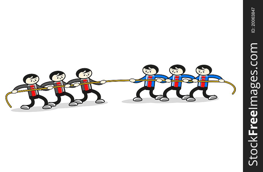 Cartoon businessman pull rope for compete their business. Cartoon businessman pull rope for compete their business