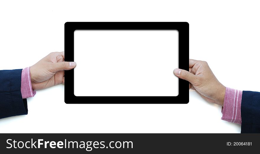 Art work hand of business man hold the touch screen computer isolated on white background. Art work hand of business man hold the touch screen computer isolated on white background