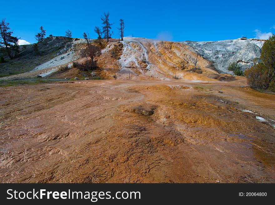 Travertine terrace at Mammoth Hot Springs in Yellowstone National Park, Wyoming. Travertine terrace at Mammoth Hot Springs in Yellowstone National Park, Wyoming