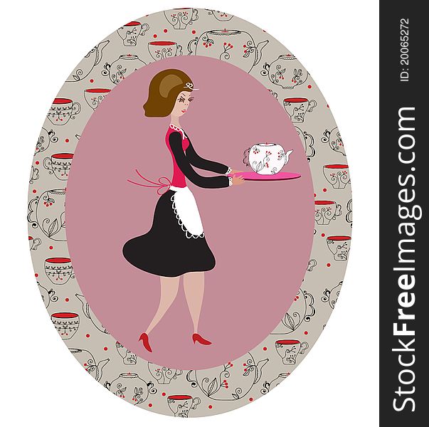 Retro waitress in the frame with pattern