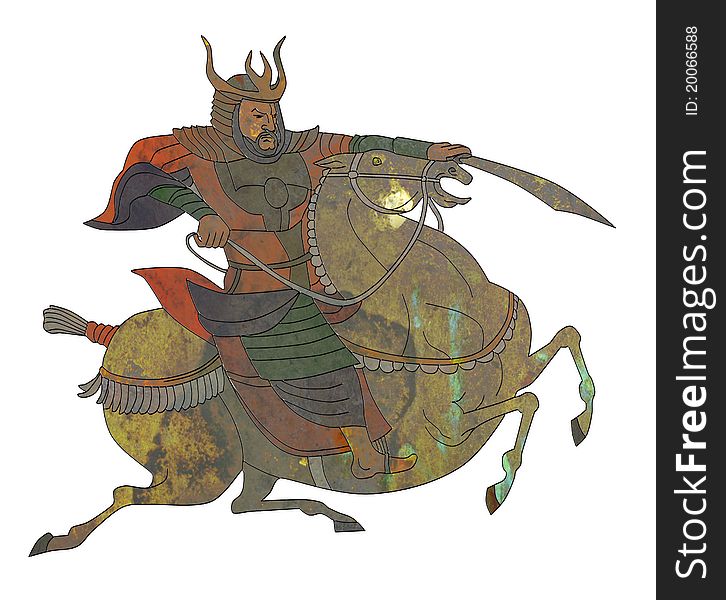 Illustration of a Samurai warrior with sword riding a horse viewed from side on isolated background. Illustration of a Samurai warrior with sword riding a horse viewed from side on isolated background