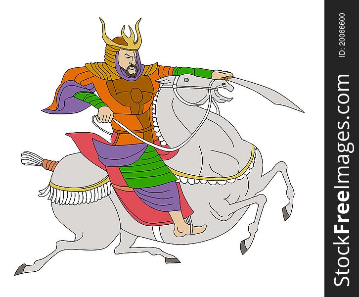 Illustration of a Samurai warrior with sword riding a horse viewed from side done in cartoon style on isolated background. Illustration of a Samurai warrior with sword riding a horse viewed from side done in cartoon style on isolated background